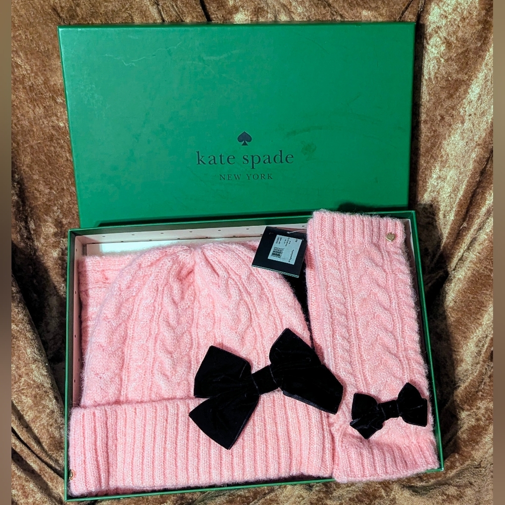 Kate Spade 3 Set Piece Rose Pink With Black Bow Scarf Arm Warmers And Hat